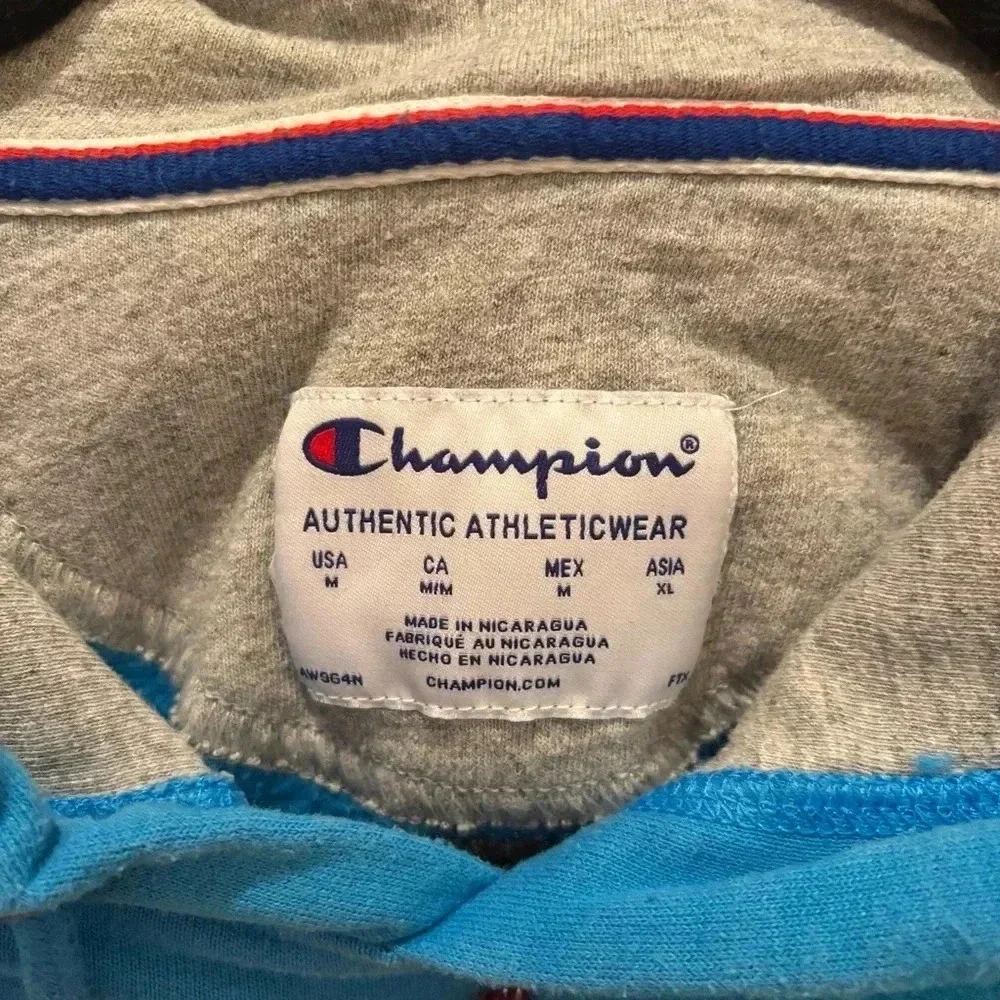 Champion Blue Hoodie with Green Logo Grey Lined Hood Size Medium
